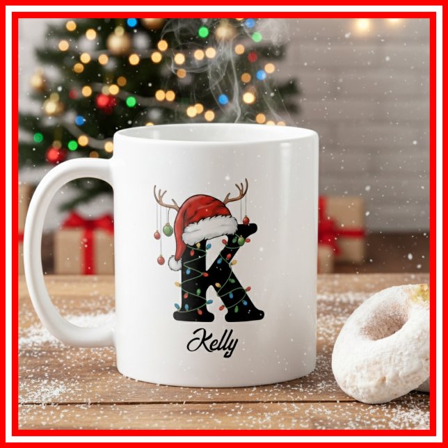 Monogram Family Christmas Antlers Santa Hat PHOTO Coffee Mug (Creator Uploaded)