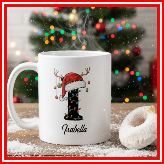 Monogram Family Christmas Antlers Santa Hat PHOTO Coffee Mug (Creator Uploaded)