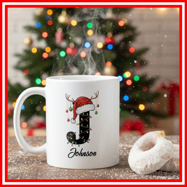 Monogram Family Christmas Antlers Santa Hat PHOTO Coffee Mug (Creator Uploaded)