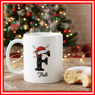 Monogram Family Christmas Antlers Santa Hat PHOTO Coffee Mug