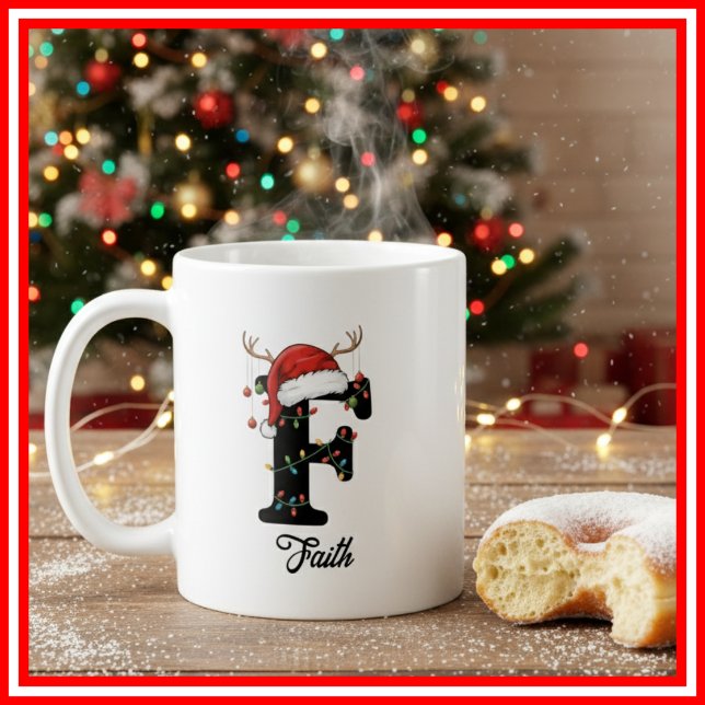 Monogram Family Christmas Antlers Santa Hat PHOTO Coffee Mug (Creator Uploaded)