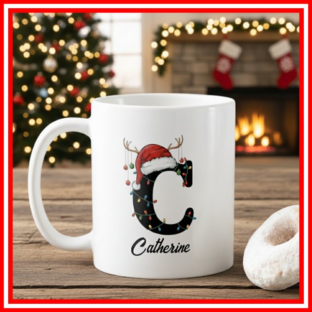 Monogram Family Christmas Antlers Santa Hat PHOTO Coffee Mug (Creator Uploaded)
