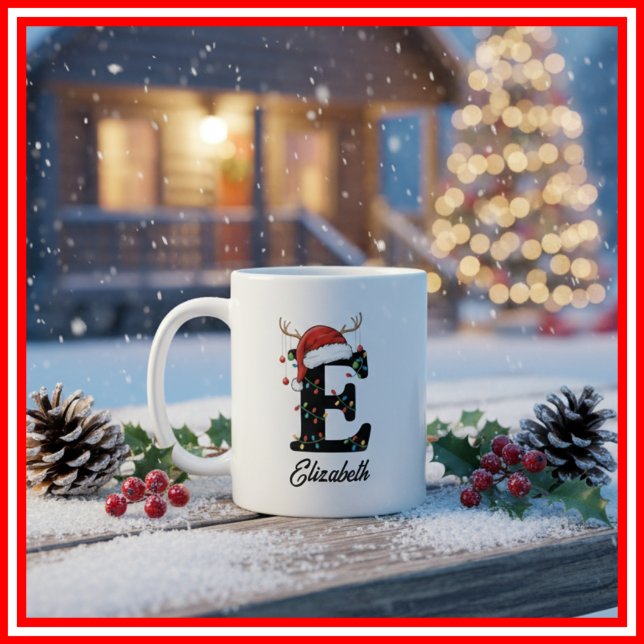 Monogram Family Christmas Antlers Santa Hat PHOTO Coffee Mug (Creator Uploaded)