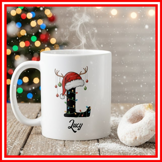 Monogram Family Christmas Antlers Santa Hat PHOTO Coffee Mug (Creator Uploaded)