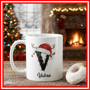 Monogram Family Christmas Antlers Santa Hat PHOTO Coffee Mug