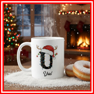 Monogram Family Christmas Antlers Santa Hat PHOTO Coffee Mug