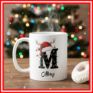 Monogram Family Christmas Antlers Santa Hat PHOTO Coffee Mug