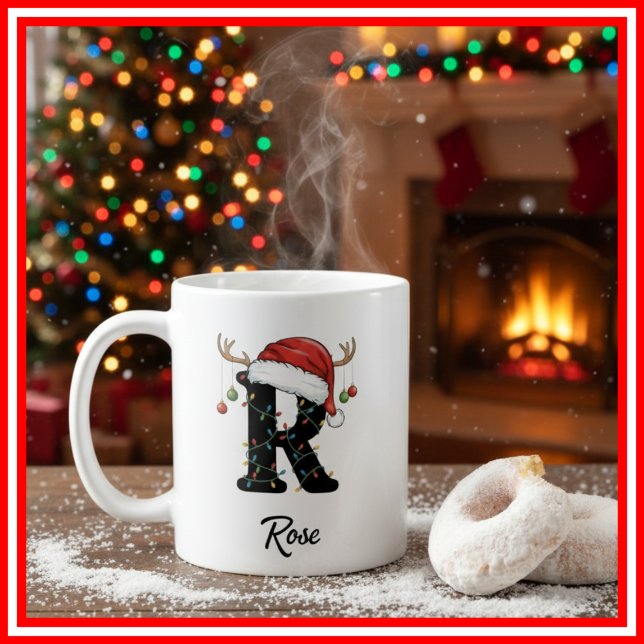 Monogram Family Christmas Antlers Santa Hat PHOTO Coffee Mug (Creator Uploaded)