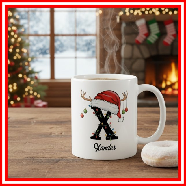 Monogram Family Christmas Antlers Santa Hat PHOTO Coffee Mug (Creator Uploaded)
