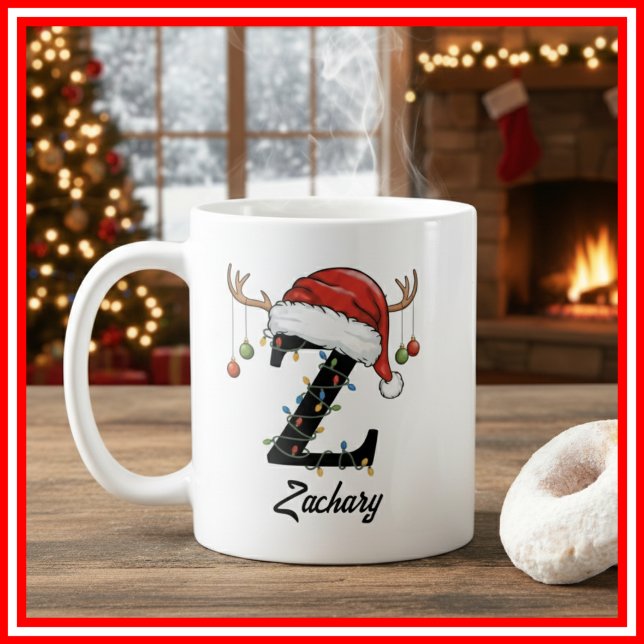 Monogram Family Christmas Antlers Santa Hat PHOTO Coffee Mug (Creator Uploaded)