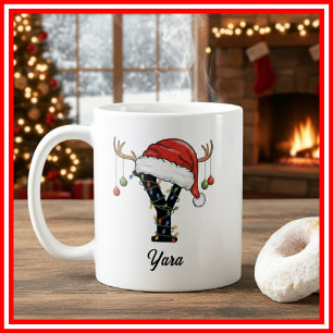 Monogram Family Christmas Antlers Santa Hat PHOTO Coffee Mug