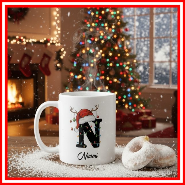 Monogram Family Christmas Antlers Santa Hat PHOTO Coffee Mug (Creator Uploaded)