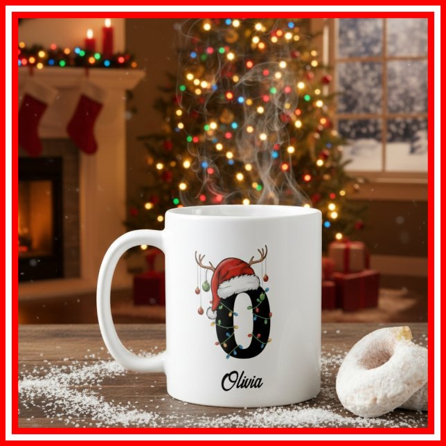 Monogram Family Christmas Antlers Santa Hat PHOTO Coffee Mug (Creator Uploaded)