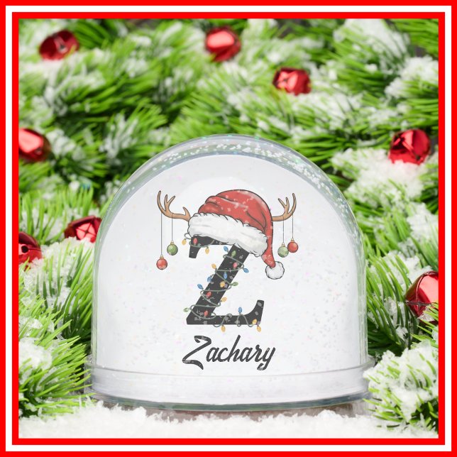 Monogram Family Christmas Antlers Santa Hat PHOTO Snowglobe (Creator Uploaded)