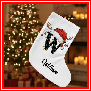 Monogram Family Christmas Antlers Santa Hat Small Small Christmas Stocking