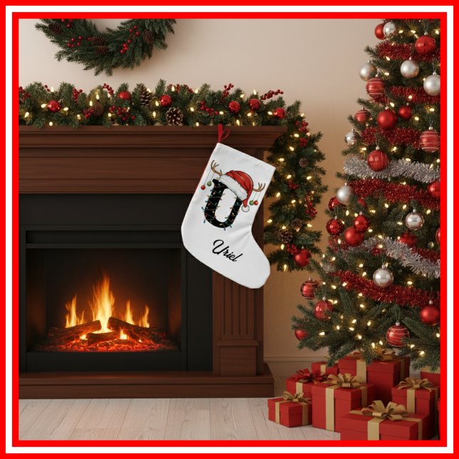 Monogram Family Christmas Antlers Santa Hat Small Small Christmas Stocking (Creator Uploaded)
