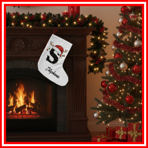 Monogram Family Christmas Antlers Santa Hat Small Small Christmas Stocking