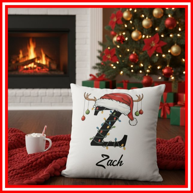 Monogram Family Christmas Antlers Santa Hat  Throw Cushion (Creator Uploaded)