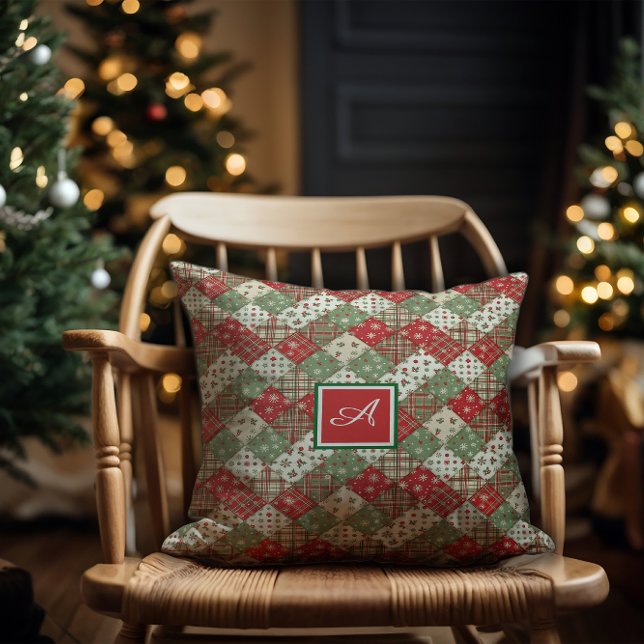 Monogram family Christmas patchwork Green Red  Cushion (Creator Uploaded)