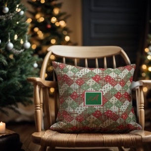 Monogram family Christmas patchwork Green Red Cushion