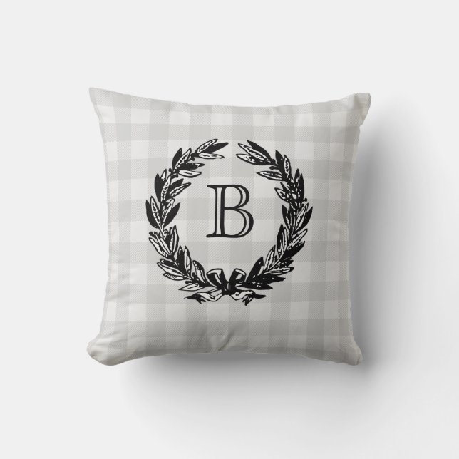 Monogram Family Crest Wreath Grey Check Cushion (Front)