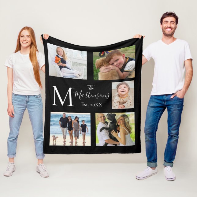Monogram Family Five Photo Collage Fleece Blanket (In Situ)
