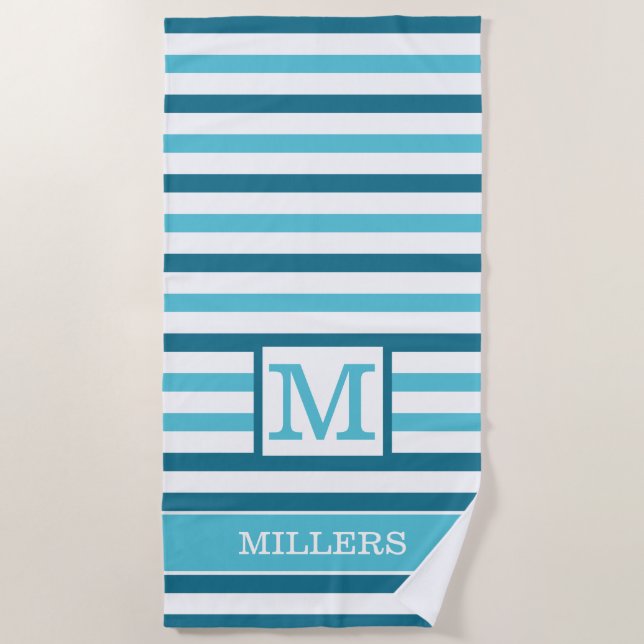 Monogram Family Name Aqua Blue And White Striped   Beach Towel (Front)