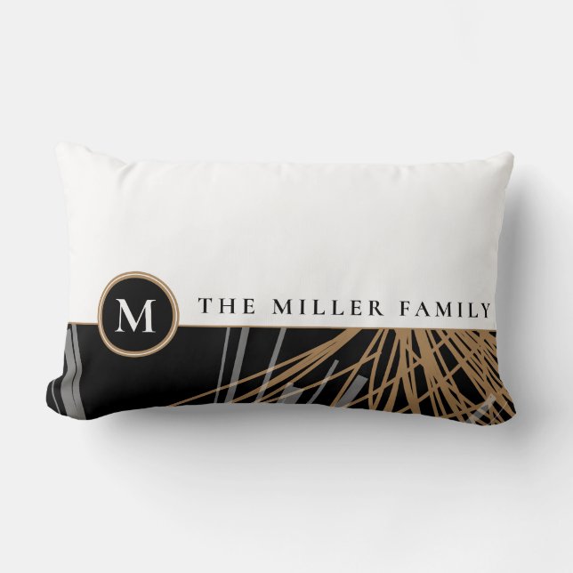 Monogram Family Name | Black White & Gold Ribbons Lumbar Cushion (Front)