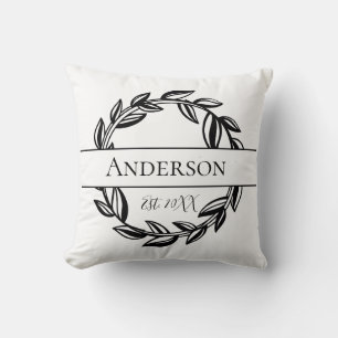 Monogram Family Name Black White Leaf Cushion