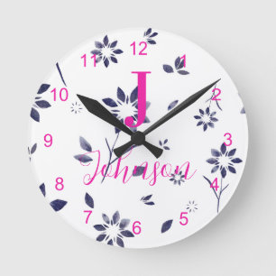 Monogram Family Name Blue Floral Round Clock