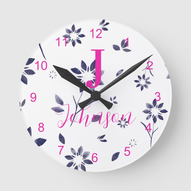 Monogram Family Name Blue Floral Round Clock (Front)