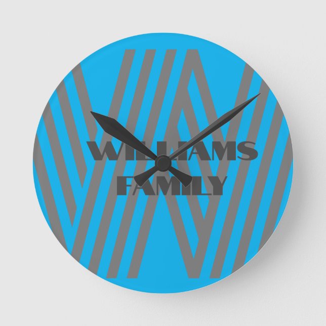 Monogram family name blue gray modern Wall Clock (Front)