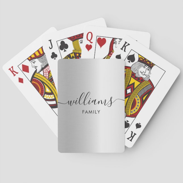 Monogram Family Name Faux Silver  Playing Cards (Back)