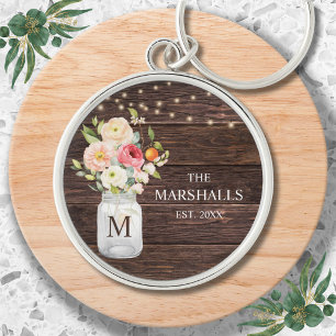 Monogram Family Name Floral Mason Jar Rustic Key Ring