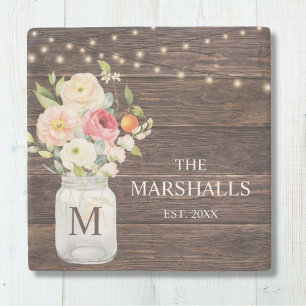 Monogram Family Name Floral Mason Jar Rustic Stone Coaster