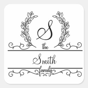 Monogram Family Name Floral Wreath Flourish Square Sticker