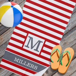 Monogram Family Name Grey Red White Cabana Stripe Beach Towel