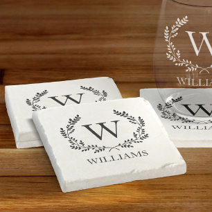 Monogram Family Name Laurel Wreath Crest Stone Coaster