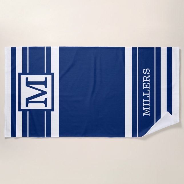 Monogram Family Name Navy Blue And White Striped   Beach Towel (Front)