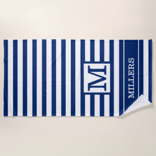 Monogram Family Name Navy Blue And White Striped Beach Towel
