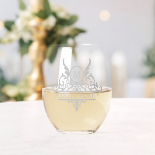 Monogram Family Name Ornate Personalised Stemless Wine Glass