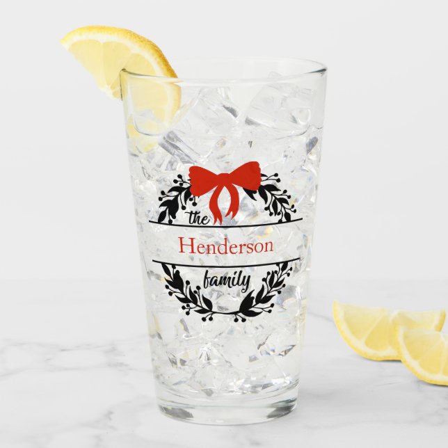 Monogram Family Name Red Black Wreath Bar Glasses  (Front Ice)