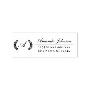 Monogram Family Name RSVP Adress Laurel Wreath Rubber Stamp