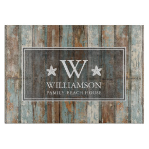 Monogram Family Name Rustic Boho Wood Beach House Cutting Board