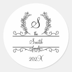 Monogram Family Name Script font Leaves Classic Round Sticker