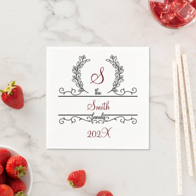Monogram Family Name Script font Leaves   Napkin (Insitu)