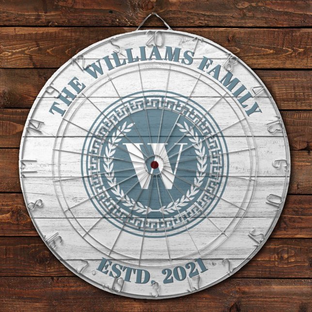 Monogram Family Name Vintage Crest Dartboard (A rustic wood textured dartboard with family name, monogram and established date)