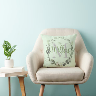  Monogram Family Name Watercolor Botanical Wreath Cushion