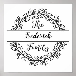 Monogram Family Name Wreath Black White Leaves Poster