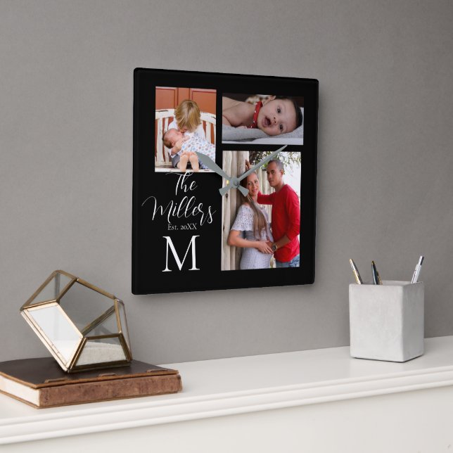 Monogram Family Photo Collage   Square Wall Clock (Office)